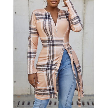 

LW Plaid Print Slit T-shirt, Khaki