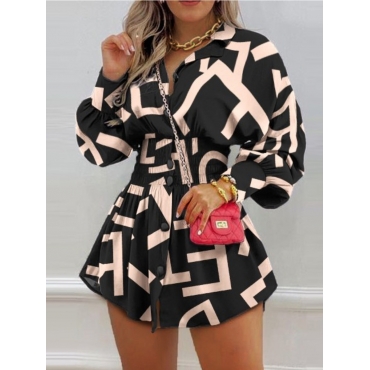 

LW Letter Print Button Design Shirt Dress, Black