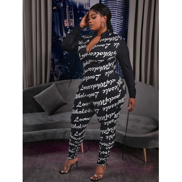 

LW Plus Size Letter Print Drawstring Jumpsuit, Black