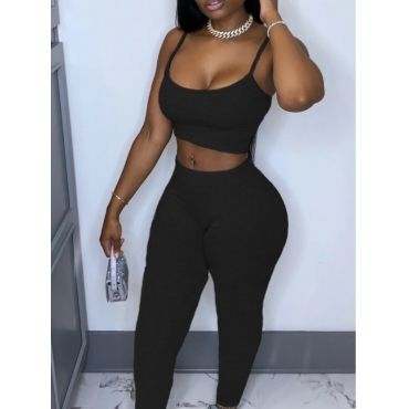 

LW Sporty U Neck Basic Skinny Black Two Piece Pants Set