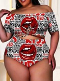LW Plus Size Lip Letter Print Cut Out Tankinis