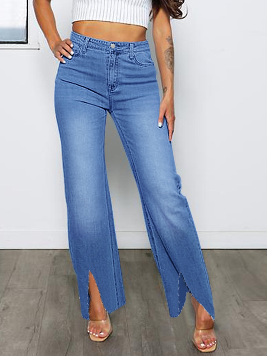 

LW Mid Waist Raw Edge Split Hem Jeans (No Stretch), Blue