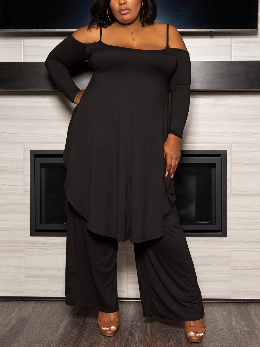 

LW Plus Size Asymmetrical Wide Leg Pants Set, Black