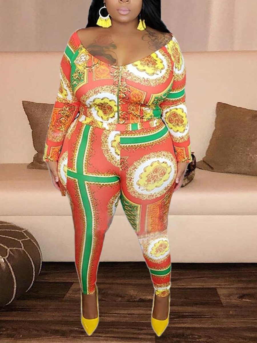 

LW Plus Size V Neck Mixed Print Pants Set, Jacinth