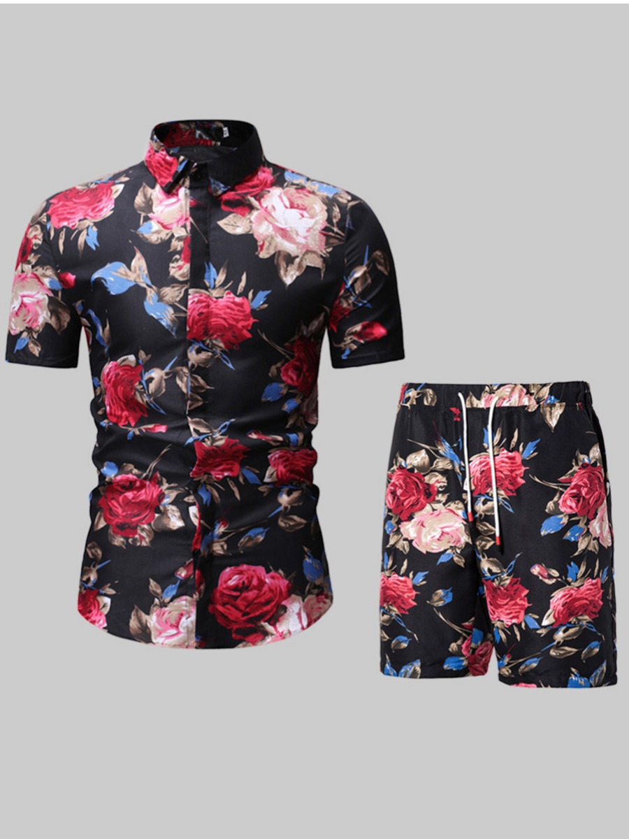 

LW Men Rose Flower Print Drawstring Shorts Set, Black