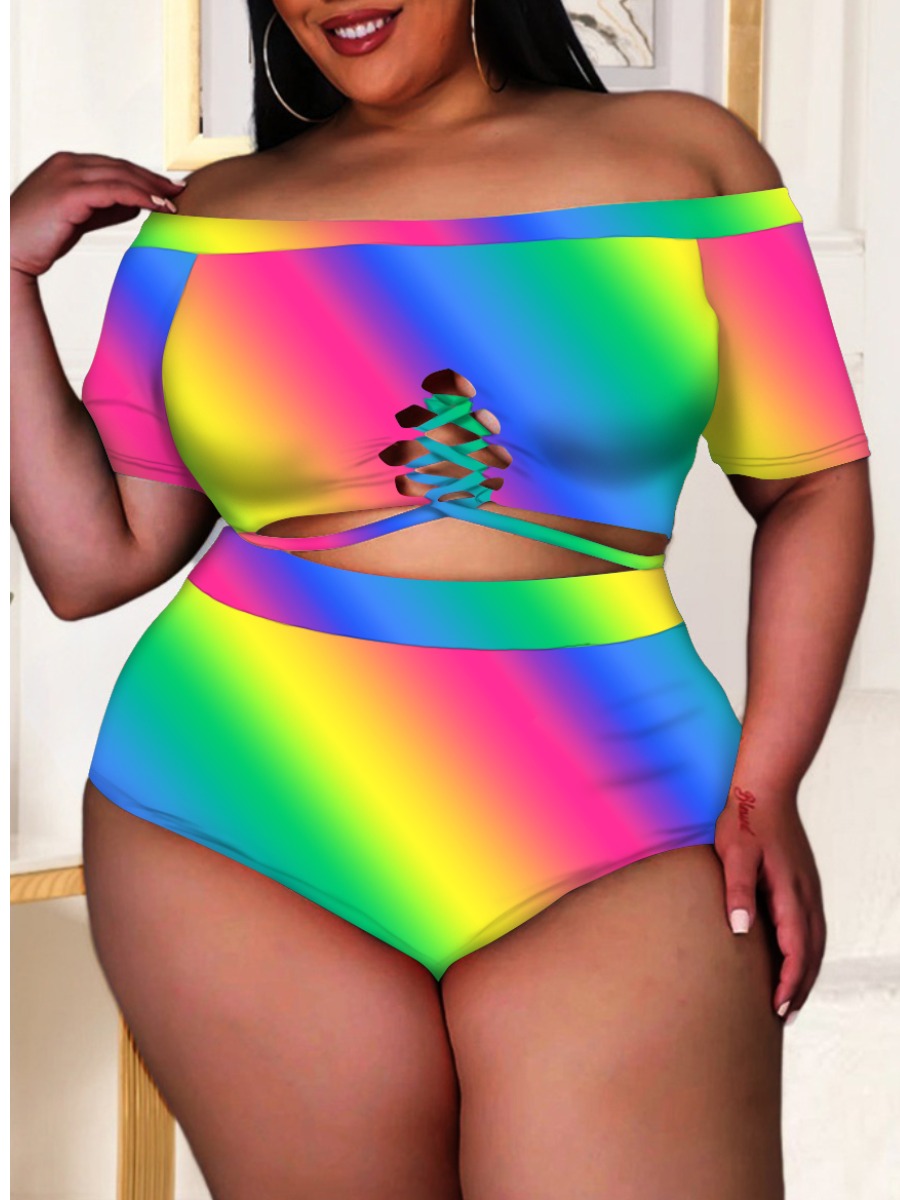 

LW Plus Size Off The Shoulder Gradient Tankini, Multi