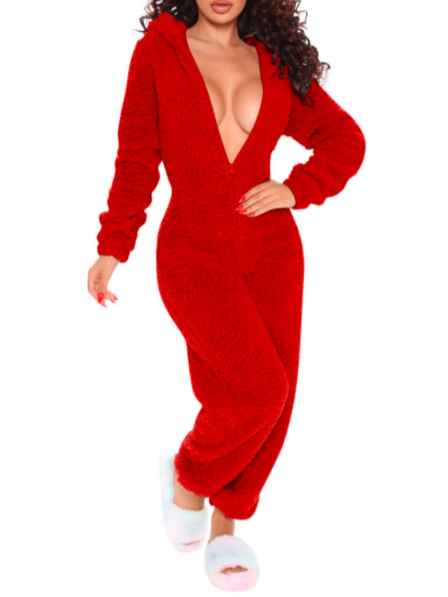 

LW Hooded Collar Teddy Jumpsuit, Red