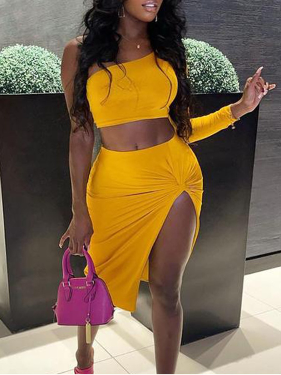 

LW One Shoulder Twist Front Slit Skirt Set, Yellow