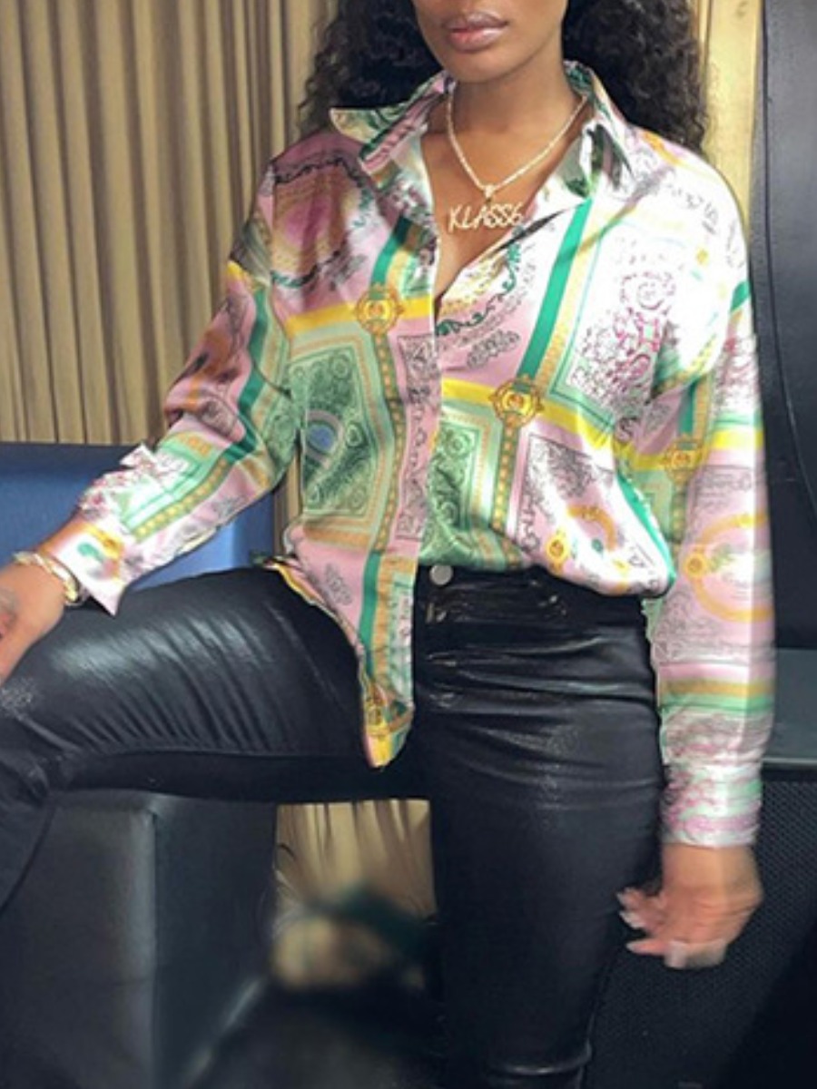 

LW Turndown Collar Mixed Print Shirt, Pink2