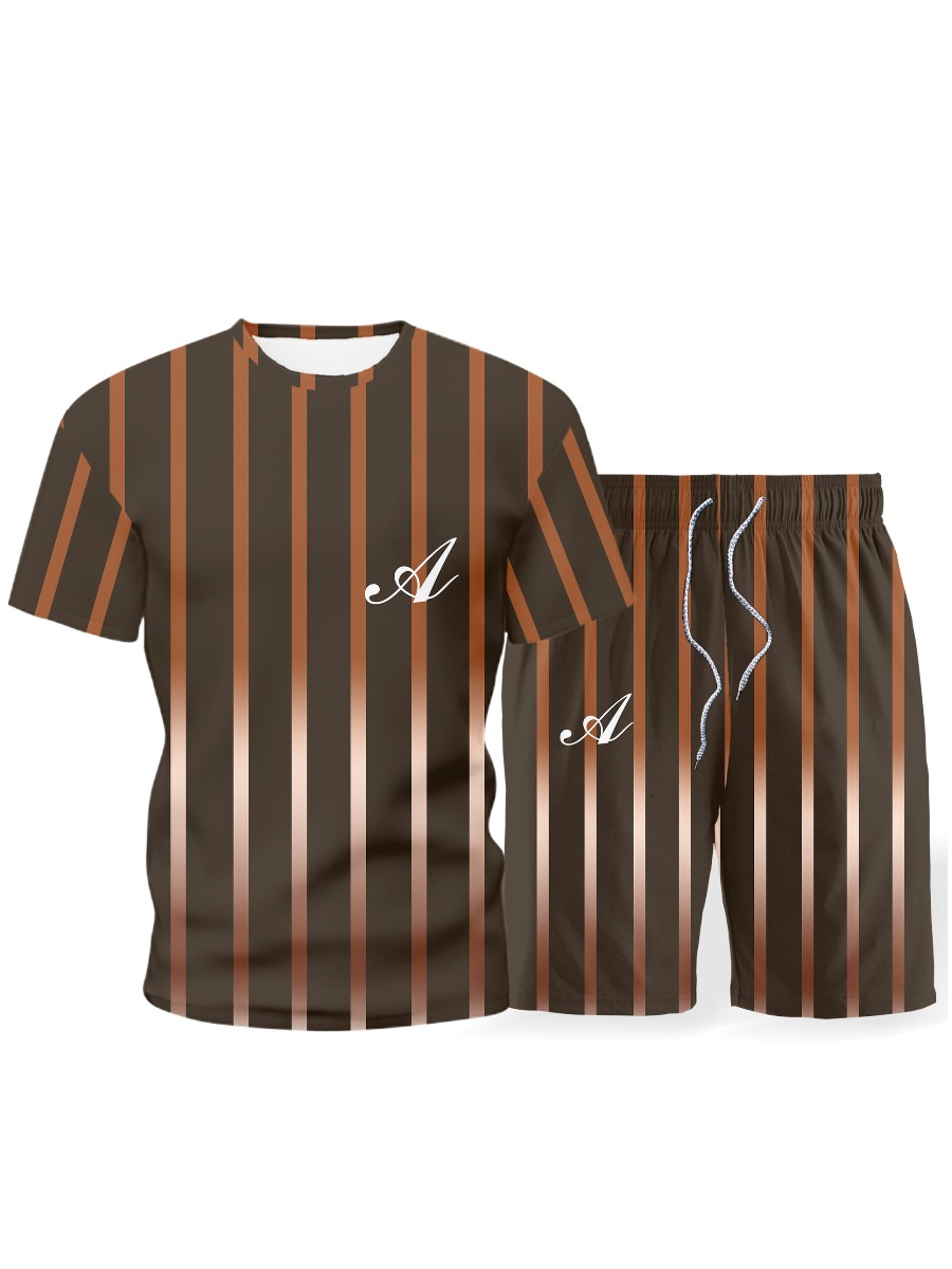 

LW BASICS Men Letter Print Striped Shorts Set, Brown