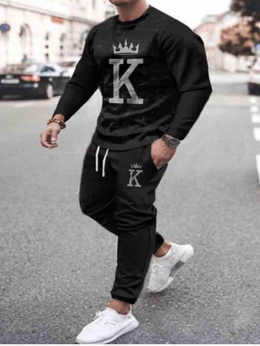 

LW COTTON Men Crown Letter Print Tracksuit Set, Carbon black