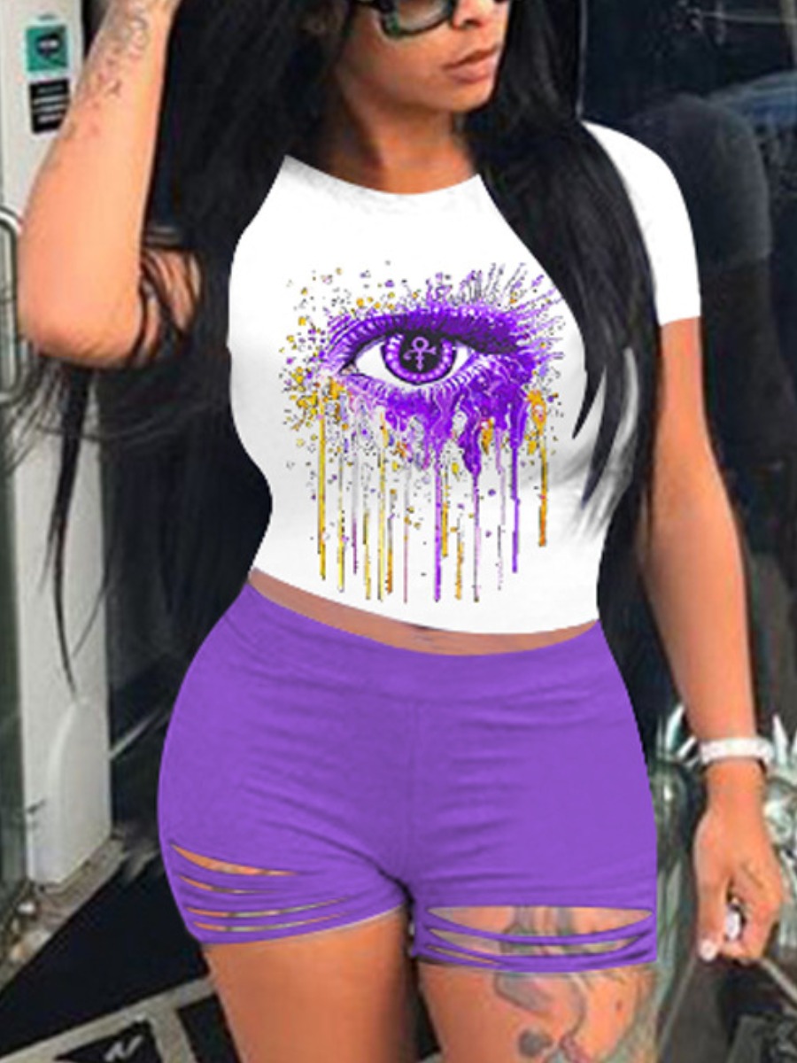 

LW Eye Print Ripped Shorts Set, Purple