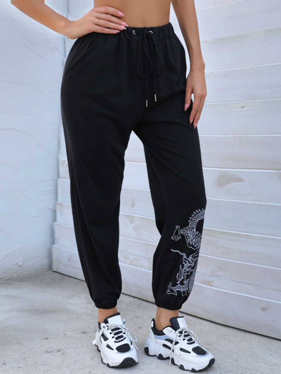 

LW COTTON Dragon Print Drawstring Sweatpants, Black