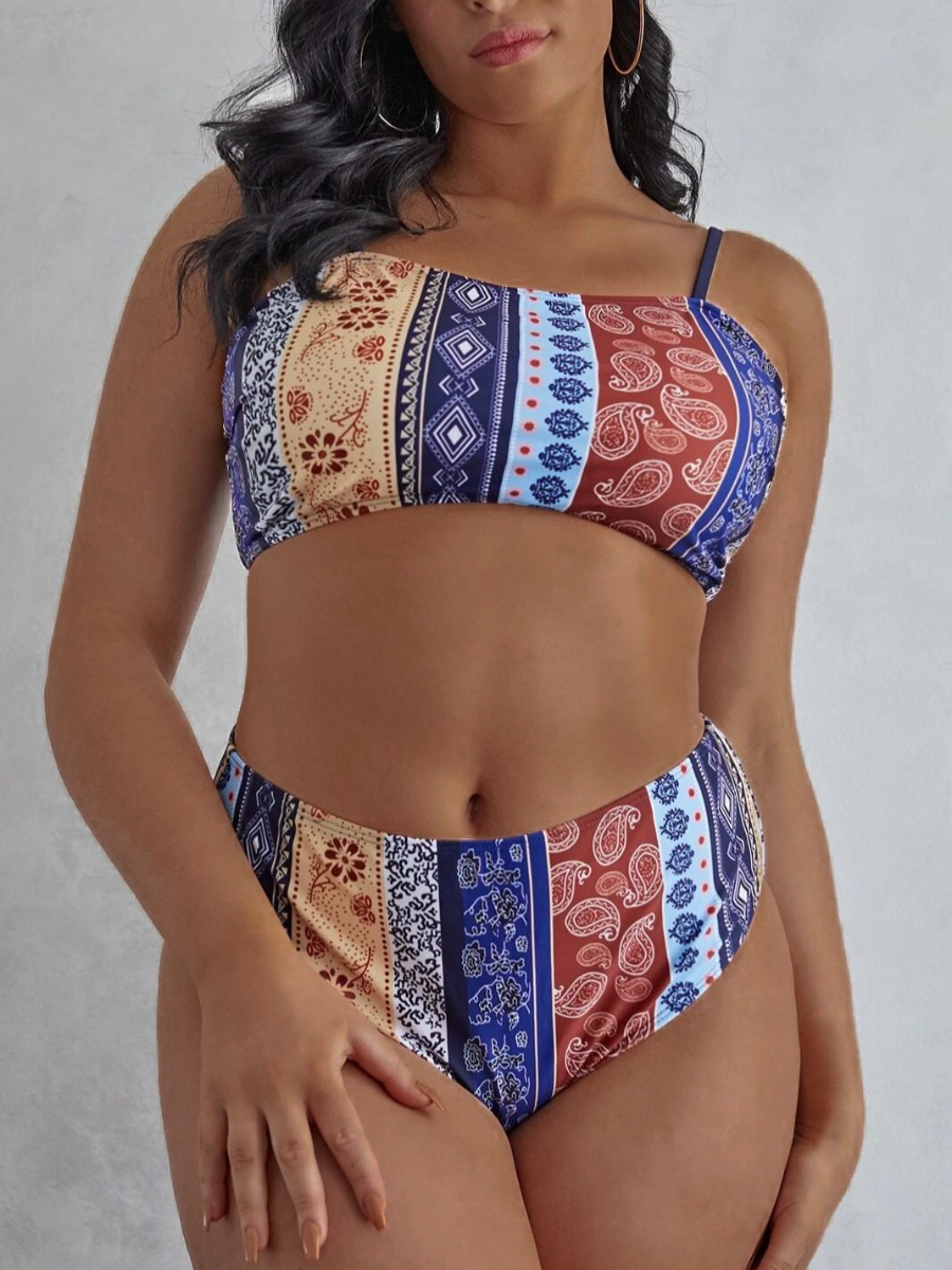 

LW Cashew Print Striped Bikini Set, Multi