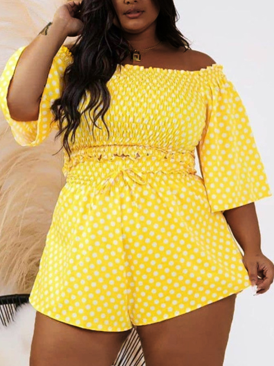 

LW Plus Size Dot Print Shirred Shorts Set, Yellow