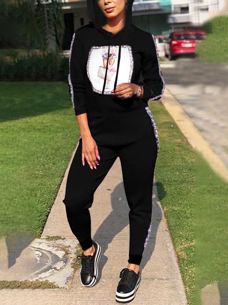 

LW Figure Print Striped Tracksuit Set, Black