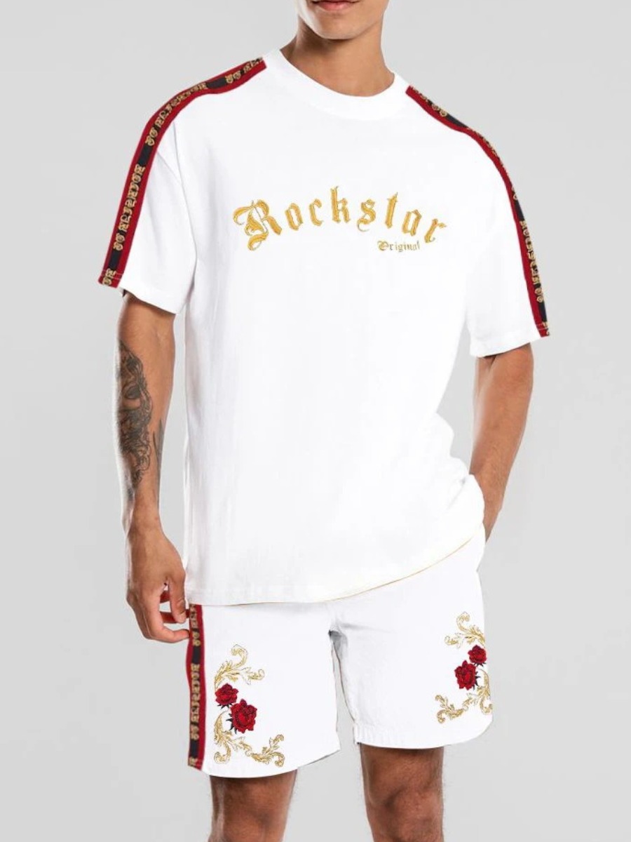 

LW BASICS Men Floral Letter Print Shorts Set, White