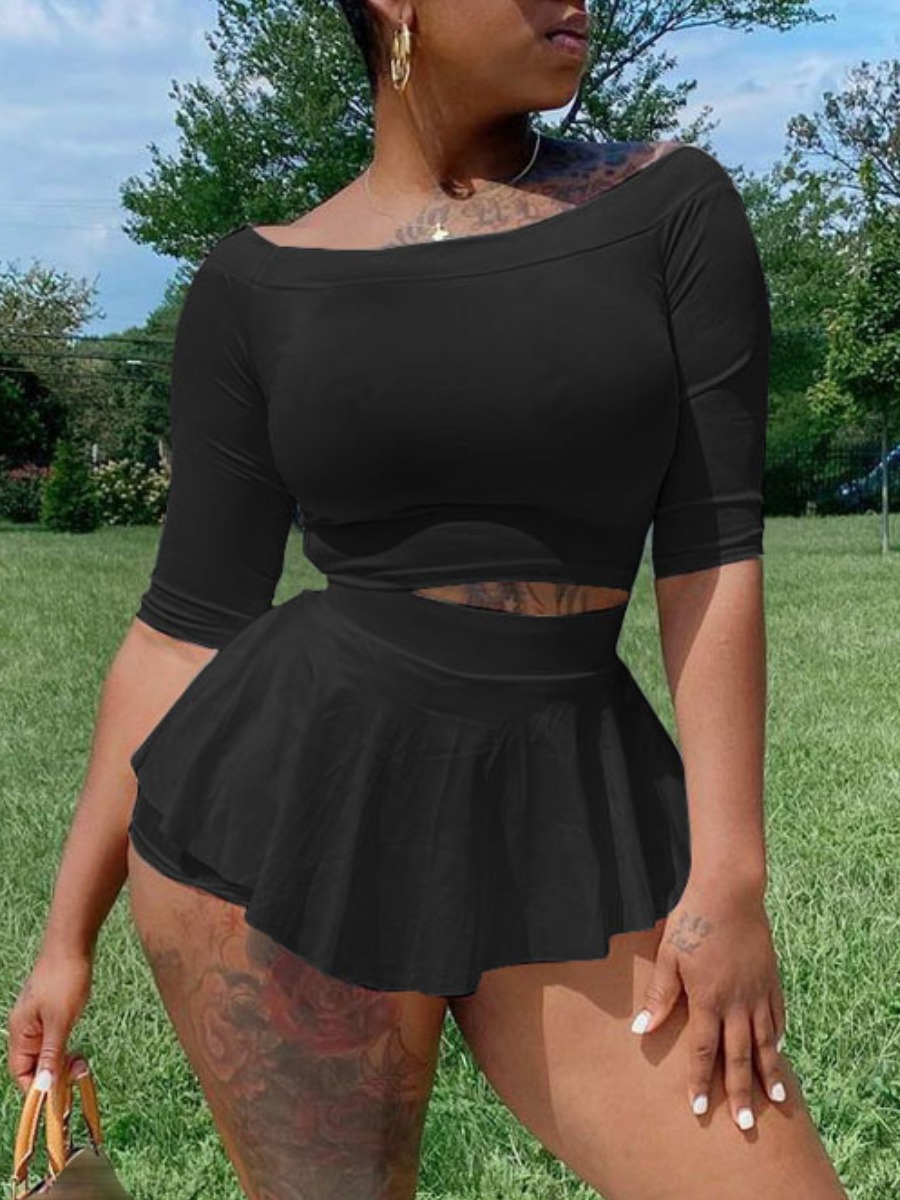 

LW Plus Size Polyester Solid Skinny Yes(Stretch) Two-piece Shorts Set, Black