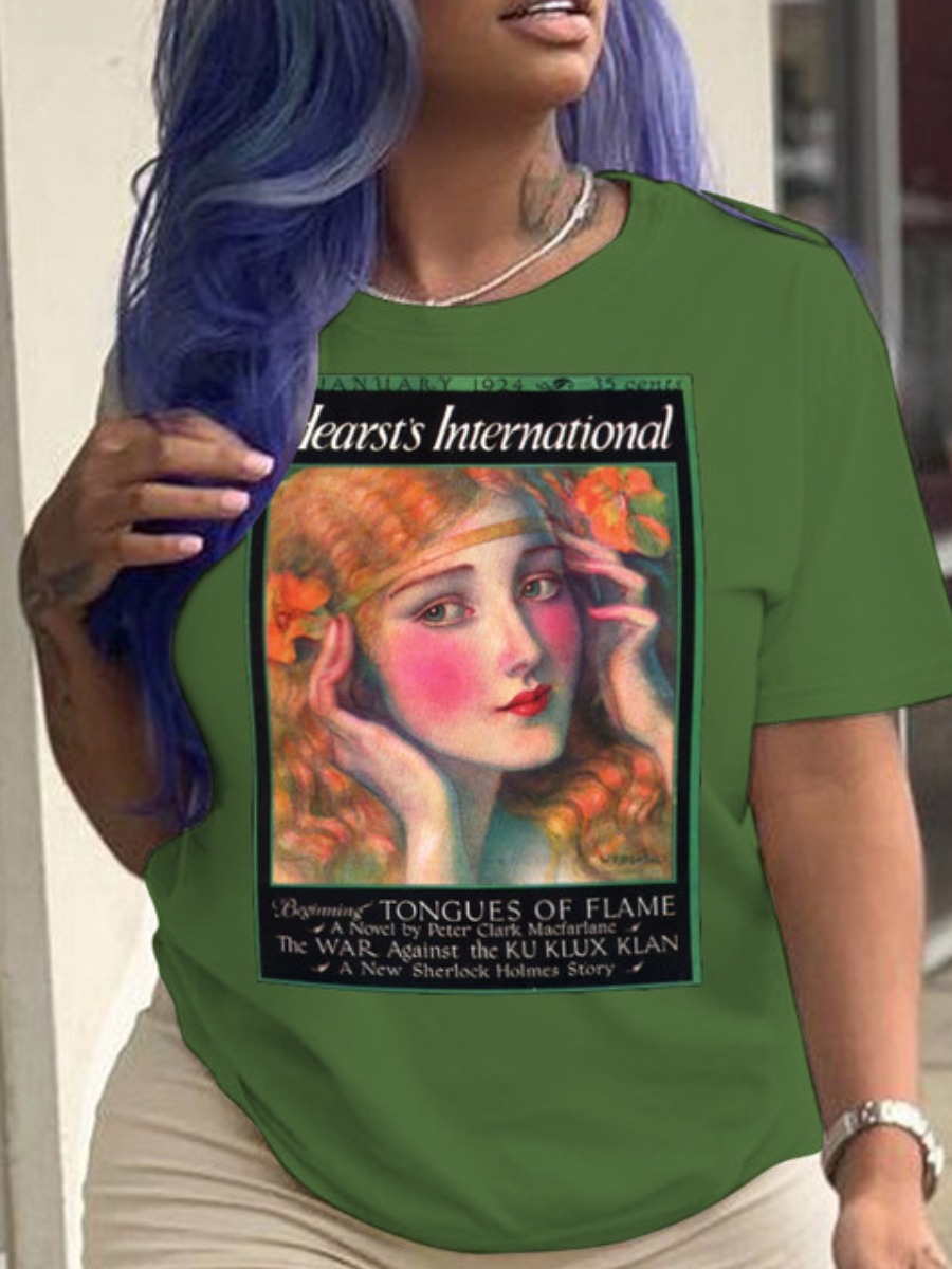 

LW Plus Size Portrait Letter Print T-shirt, Green