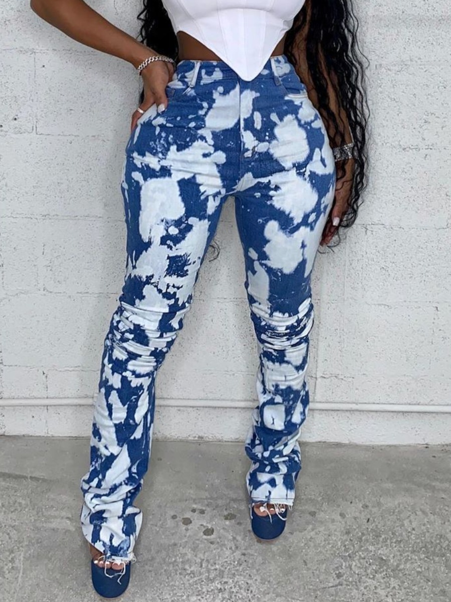

LW Mid Waist High Stretchy Tie-dye Jeans, Blue