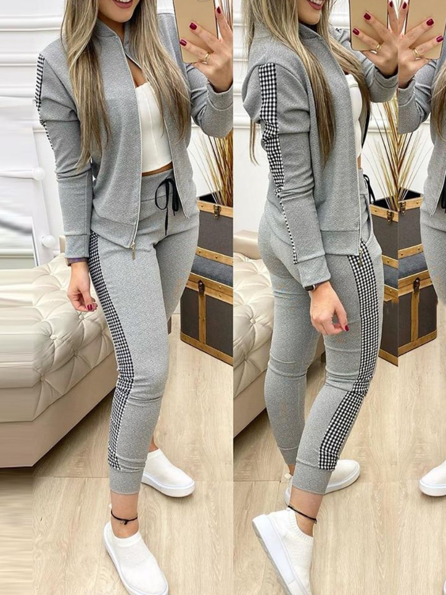 

LW Plaid Print Drawstring Tracksuit Set, Grey