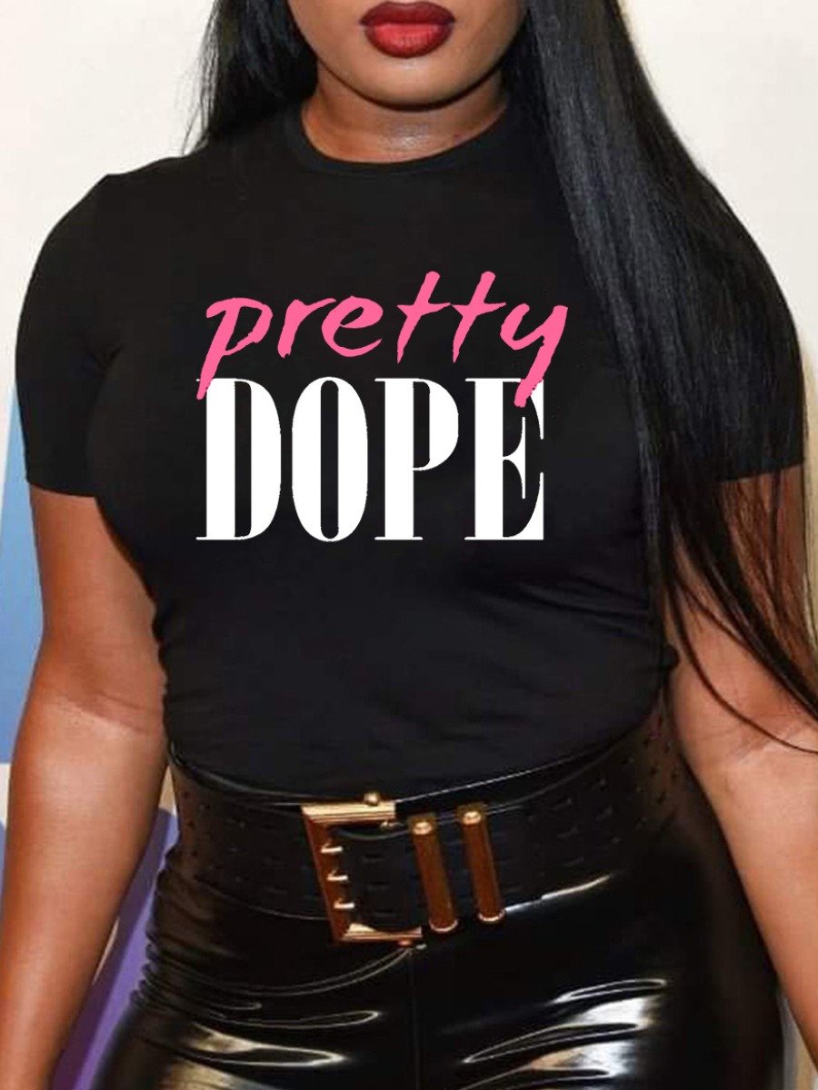 

LW Plus Size Round Neck Letter Print T-shirt, Black
