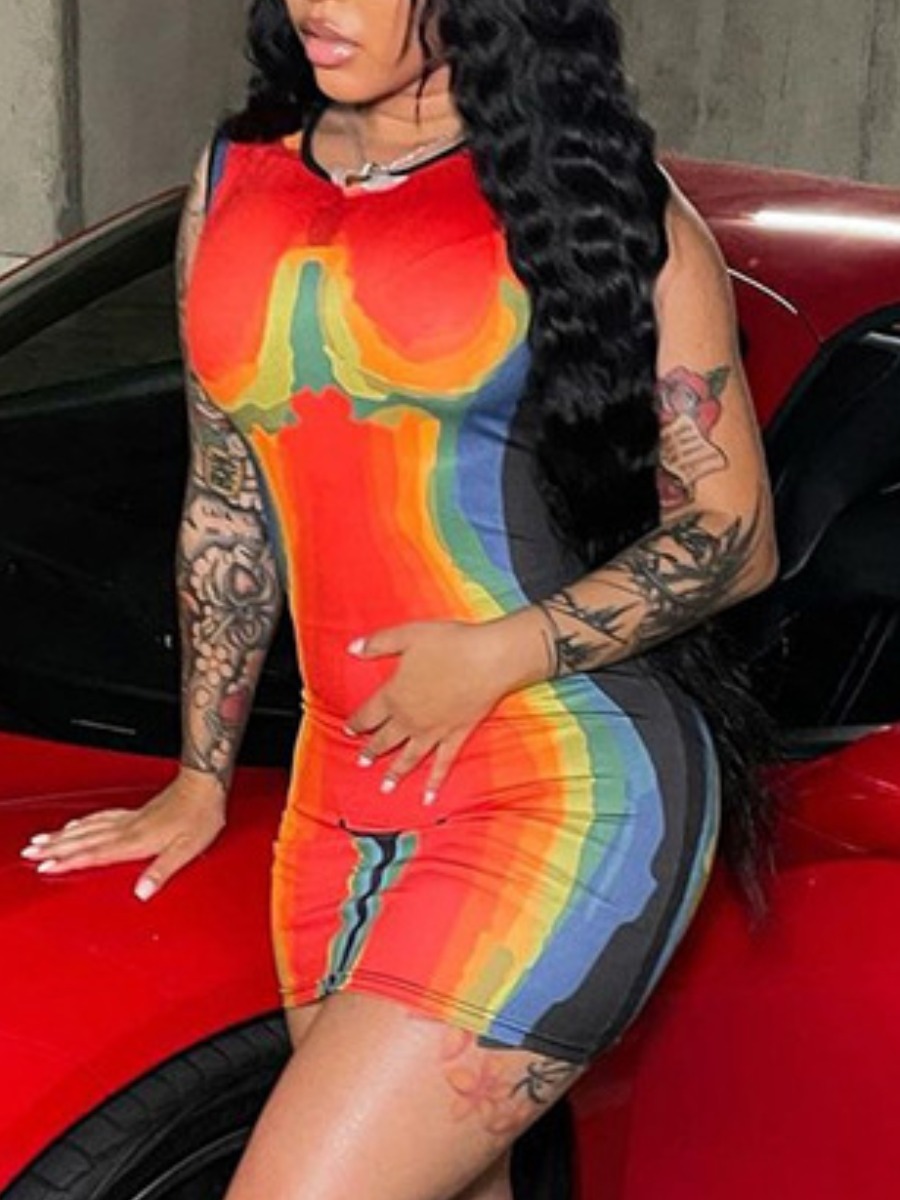 

LW Round Neck Tie-dye Bodycon Dress, Multi