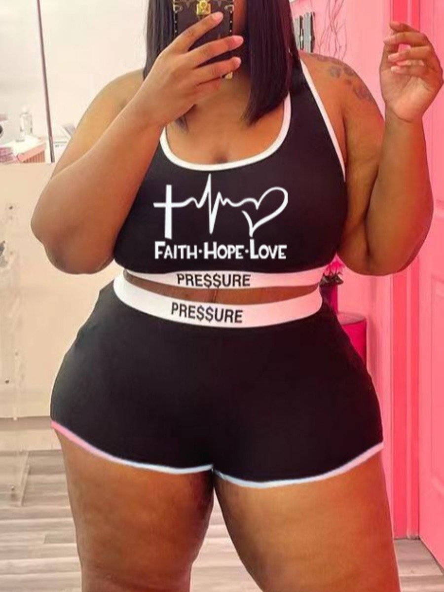 

LW Plus Size Cami Letter Print Shorts Set, Black