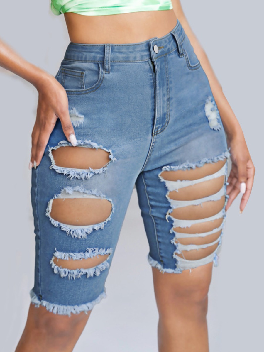 

LW High-waisted Ripped Denim Shorts, Baby blue