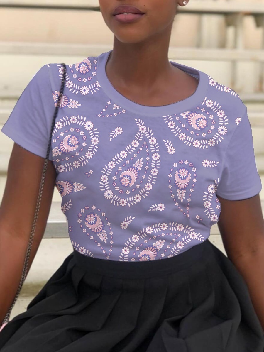 

LW Round Neck Floral Print T-shirt, Light purple