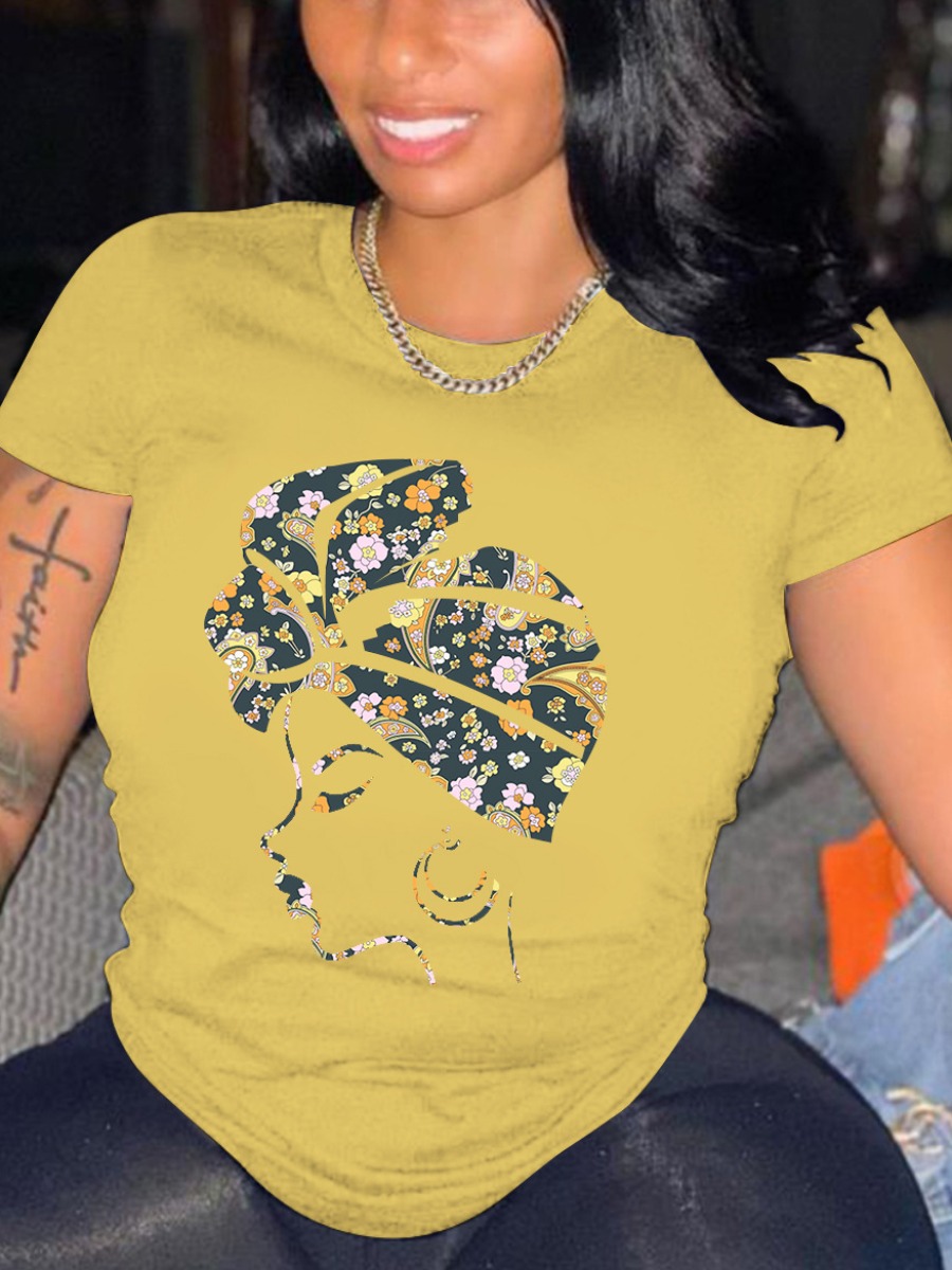 

LW Round Neck Floral Print T-shirt, Yellow