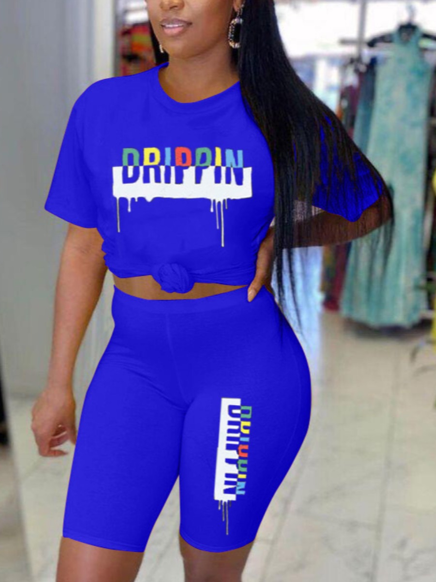 

LW COTTON Round Neck Letter Print Shorts Set, Blue