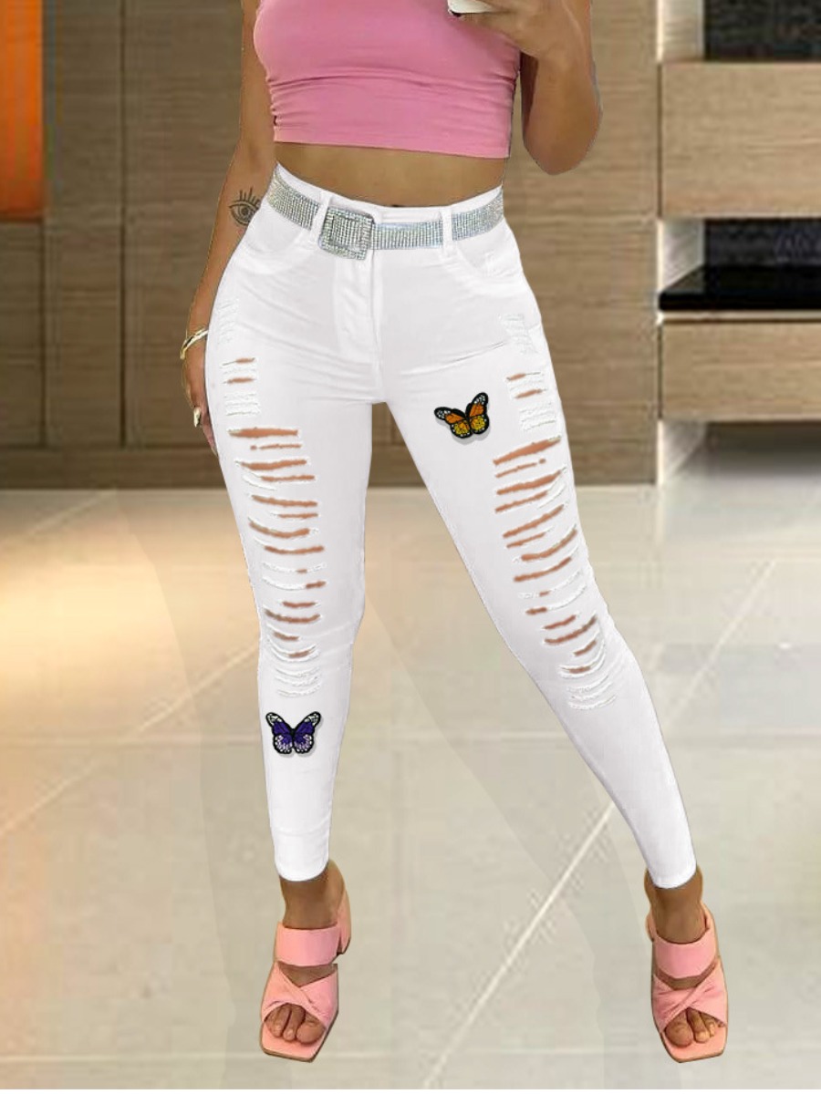 

LW SXY Butterfly Print Ripped Jeans, White