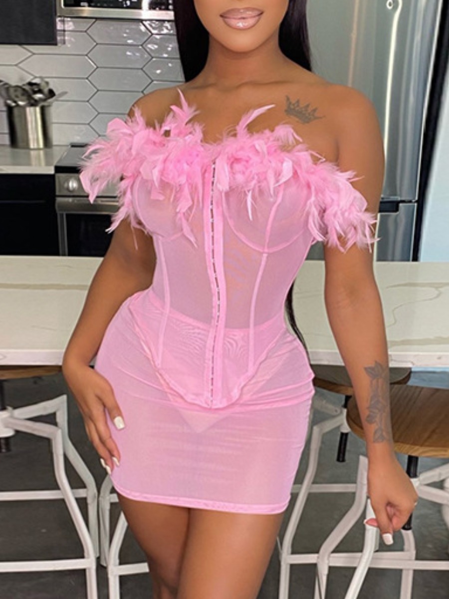 

LW Off The Shoulder Feather Decor Skirt Set, Pink