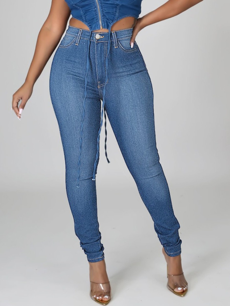 

LW Rivet Decor High Stretchy Jeans, Blue