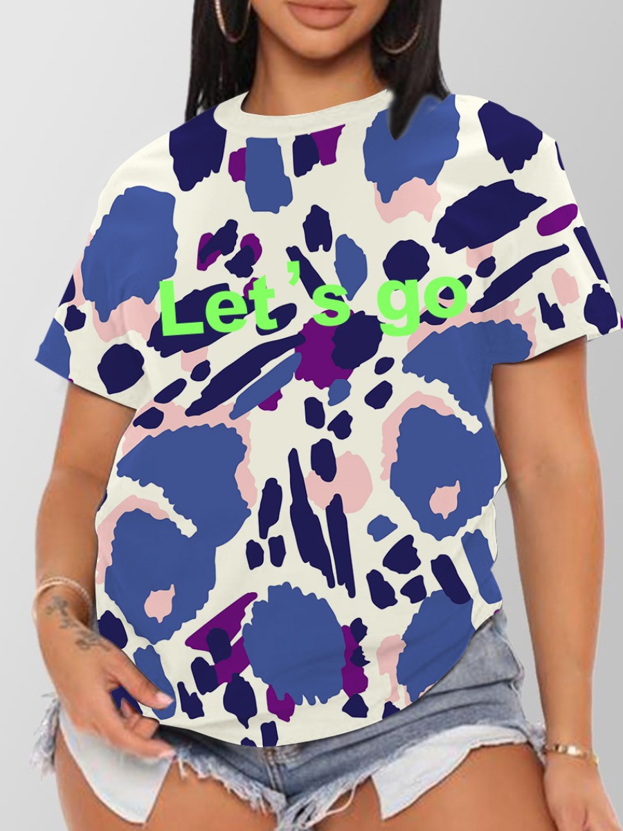 

LW Letter Print Patchwork T-shirt, Blue camouflage