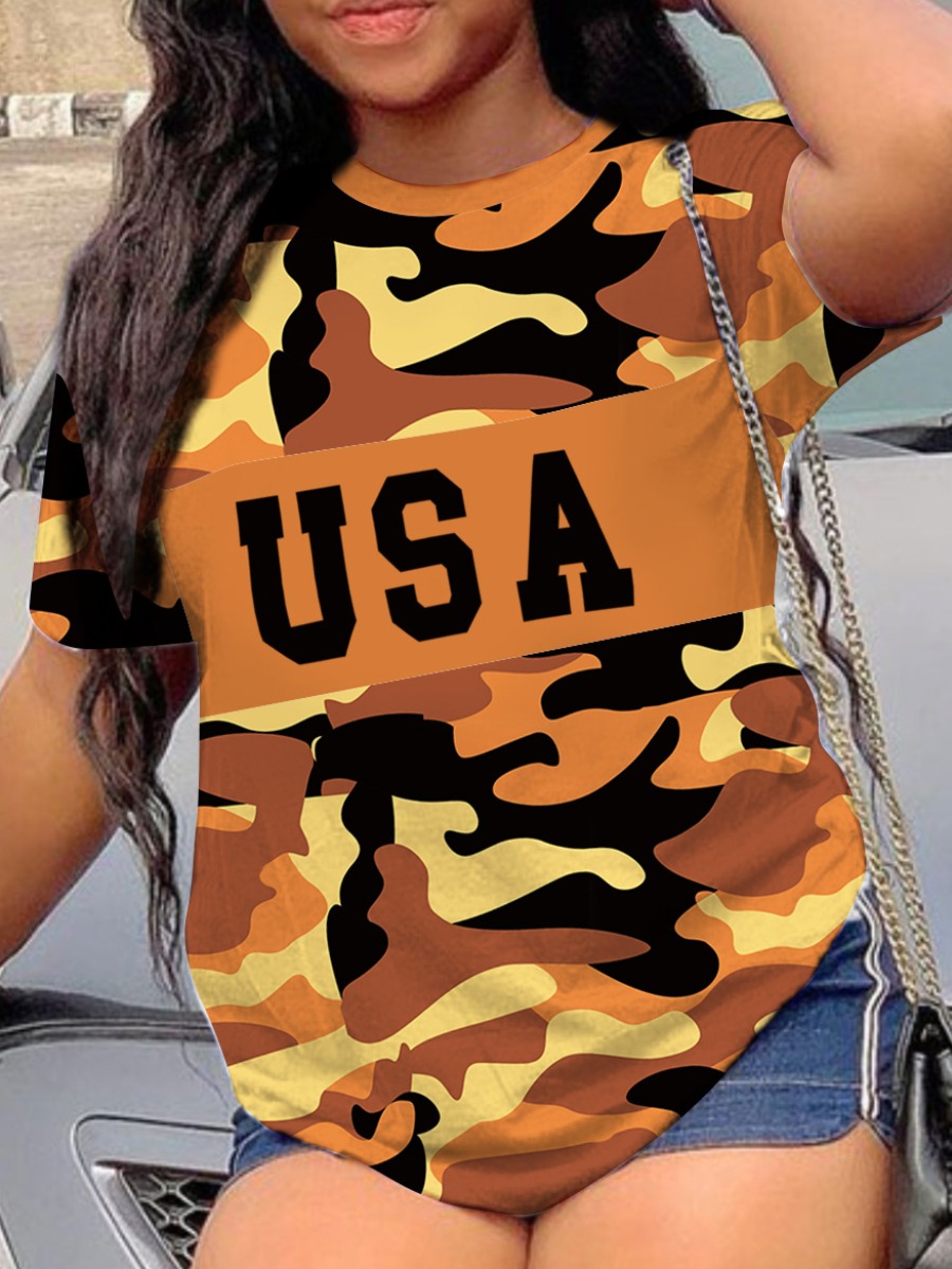 

LW Letter Camo Print T-shirt, Orange camouflage