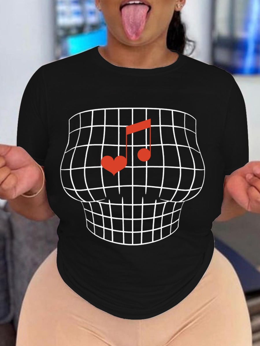 

LW Plus Size Geometric Heart Print T-shirt, Black