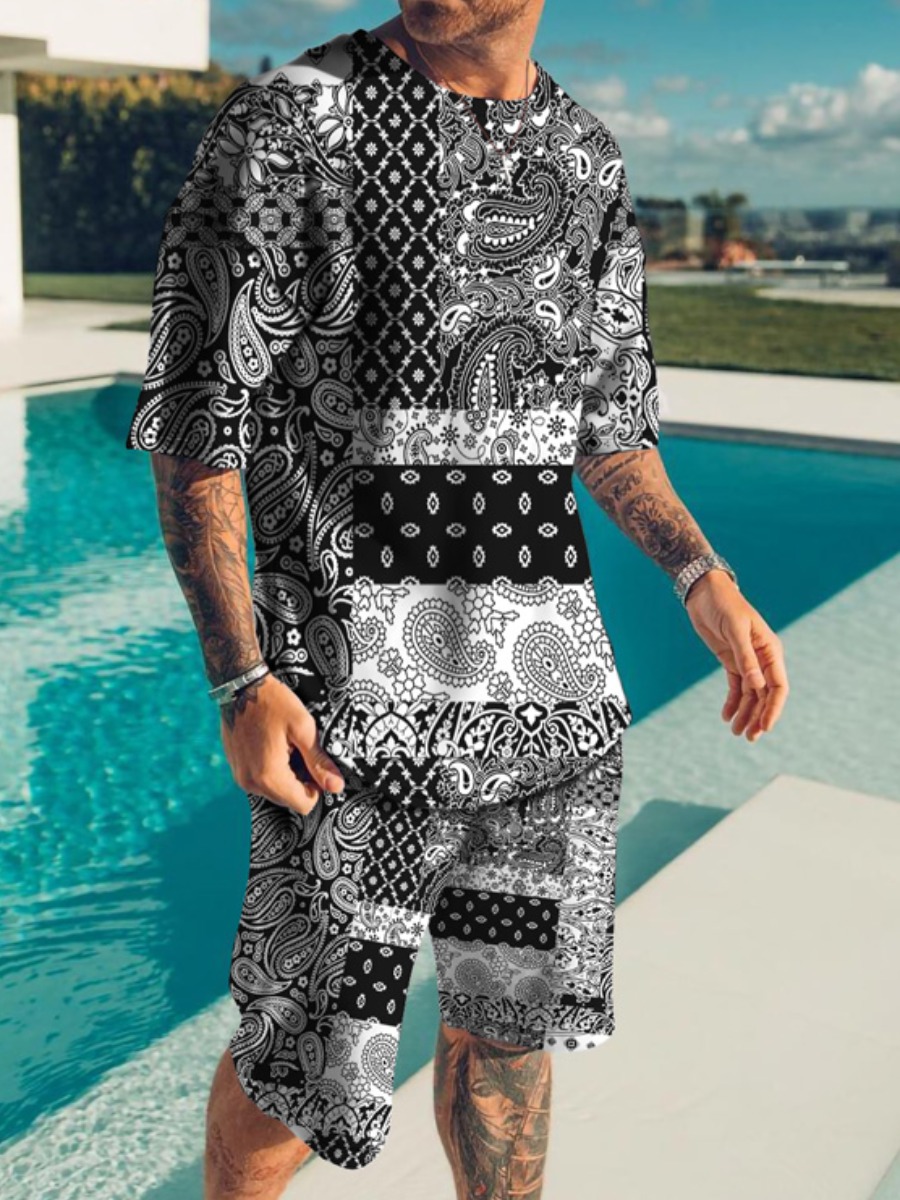 

LW BASICS Men Cashew Print Loose Shorts Set, Black and white
