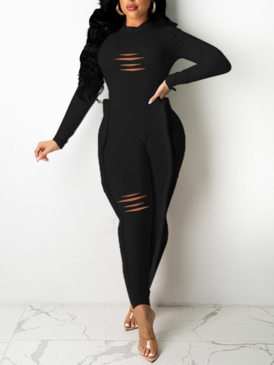 

LW Line Stitching Ripped Skinny Jumpsuit, Black