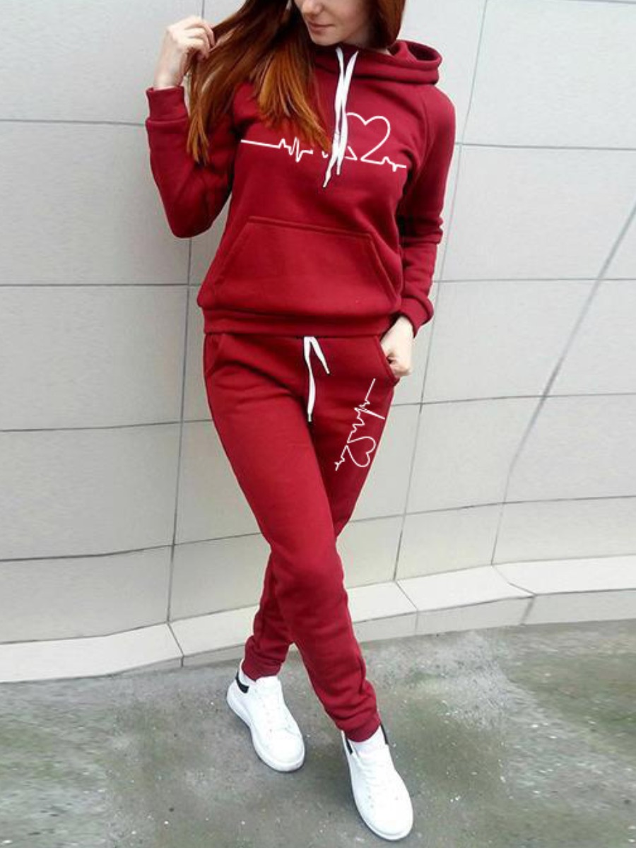 

LW Heart Print Drawstring Tracksuit Set, Red