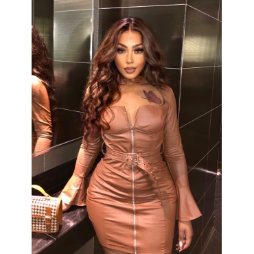 

LW SXY Buckle Neck Flared Bodycon Leather Dress (With Belt), Khaki