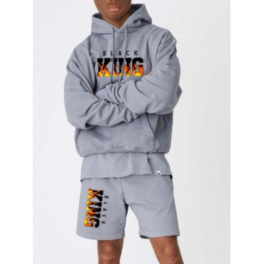 

LW Men Trendy Hooded Collar King Print Grey Shorts Set