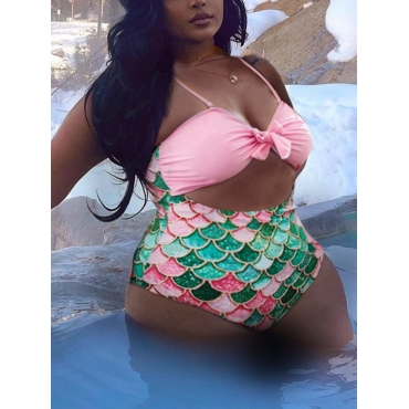 

LW Plus Size Fish Scale Print Cut Out One-piece Swimsuit, Multi