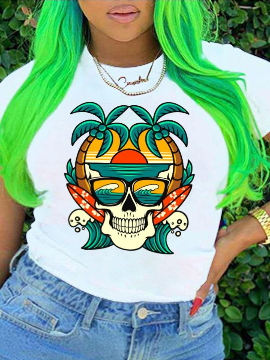

LW Plus Size Skull Head Tree Print T-shirt, White