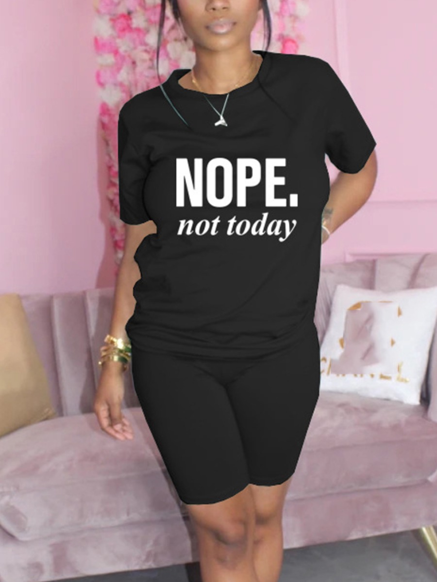 

LW Round Neck Letter Print Shorts Set, Black