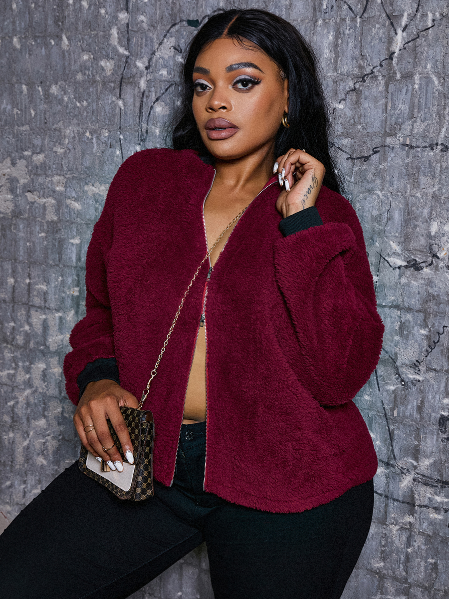 

LW Plus Size Zipper Pocket Design Teddy Jacket, Wine red