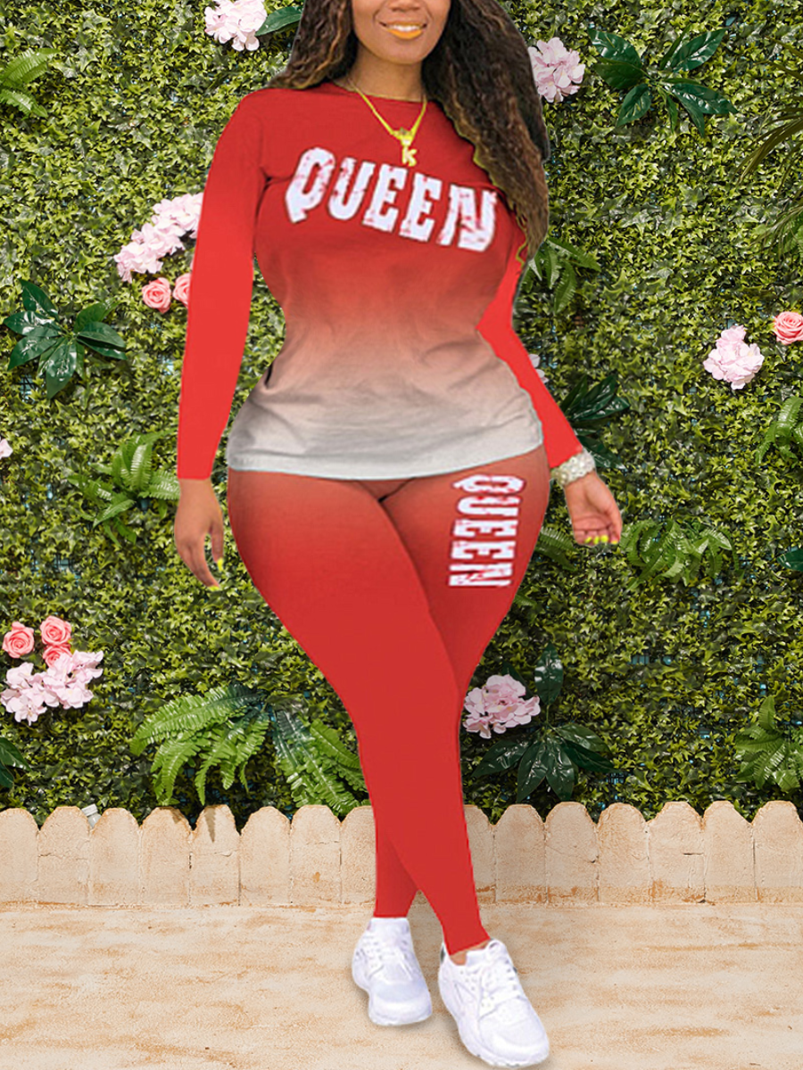 

LW Plus Size Gradient Letter Print Pants Set, Red
