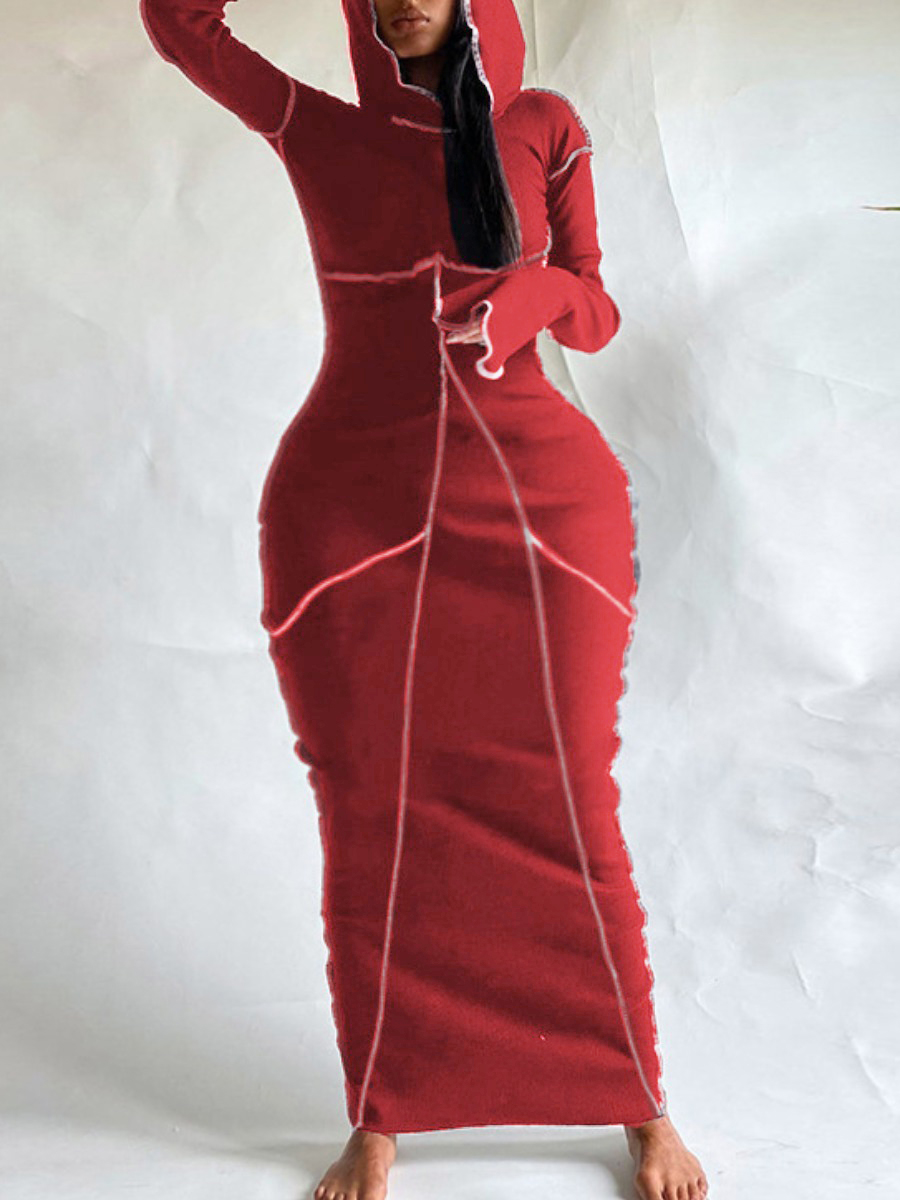 

LW Hooded Collar Line Stitching Bodycon Dress, Red