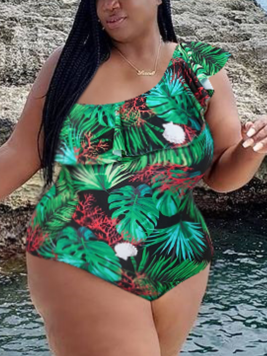 

LW Plus Size One Shoulder Floral Print One-piece Swimsuit, Green